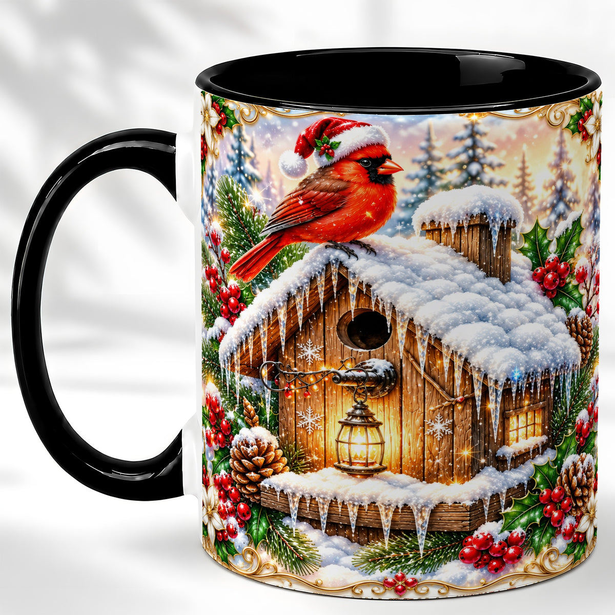 #pl[11oz|Black] Christmas Cardinal Coffee Mug, Snowy Birdhouse Mug, Ceramic Cup