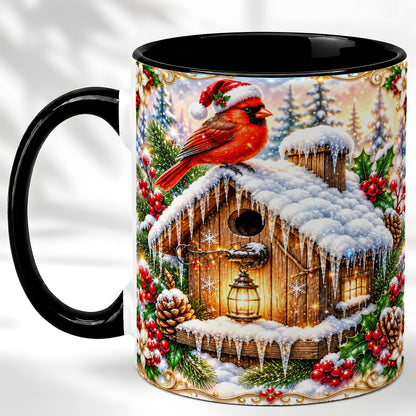 #pl[11oz|Black] Christmas Cardinal Coffee Mug, Snowy Birdhouse Mug, Ceramic Cup