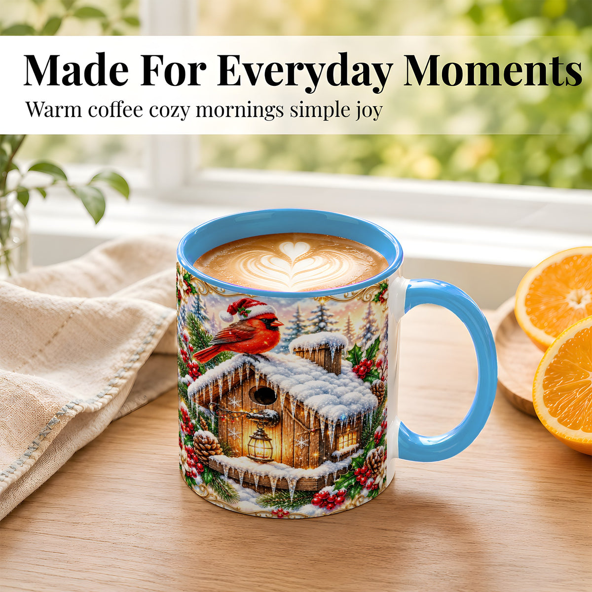 #pl[11oz|Blue] Christmas Cardinal Coffee Mug, Snowy Birdhouse Mug, Ceramic Cup