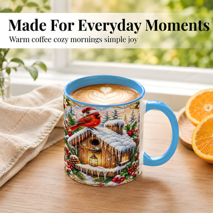 #pl[11oz|Blue] Christmas Cardinal Coffee Mug, Snowy Birdhouse Mug, Ceramic Cup