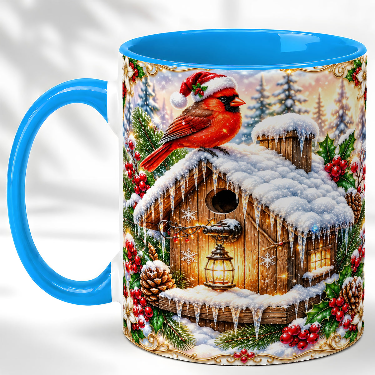#pl[11oz|Blue] Christmas Cardinal Coffee Mug, Snowy Birdhouse Mug, Ceramic Cup