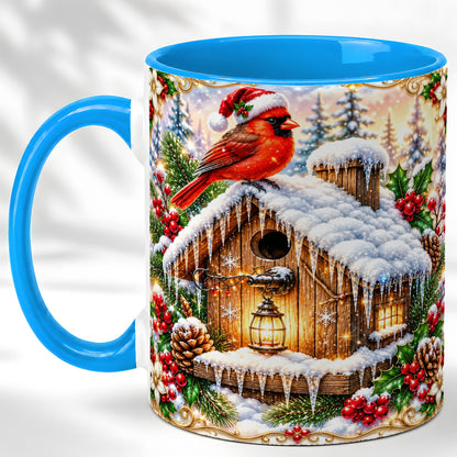 #pl[11oz|Blue] Christmas Cardinal Coffee Mug, Snowy Birdhouse Mug, Ceramic Cup
