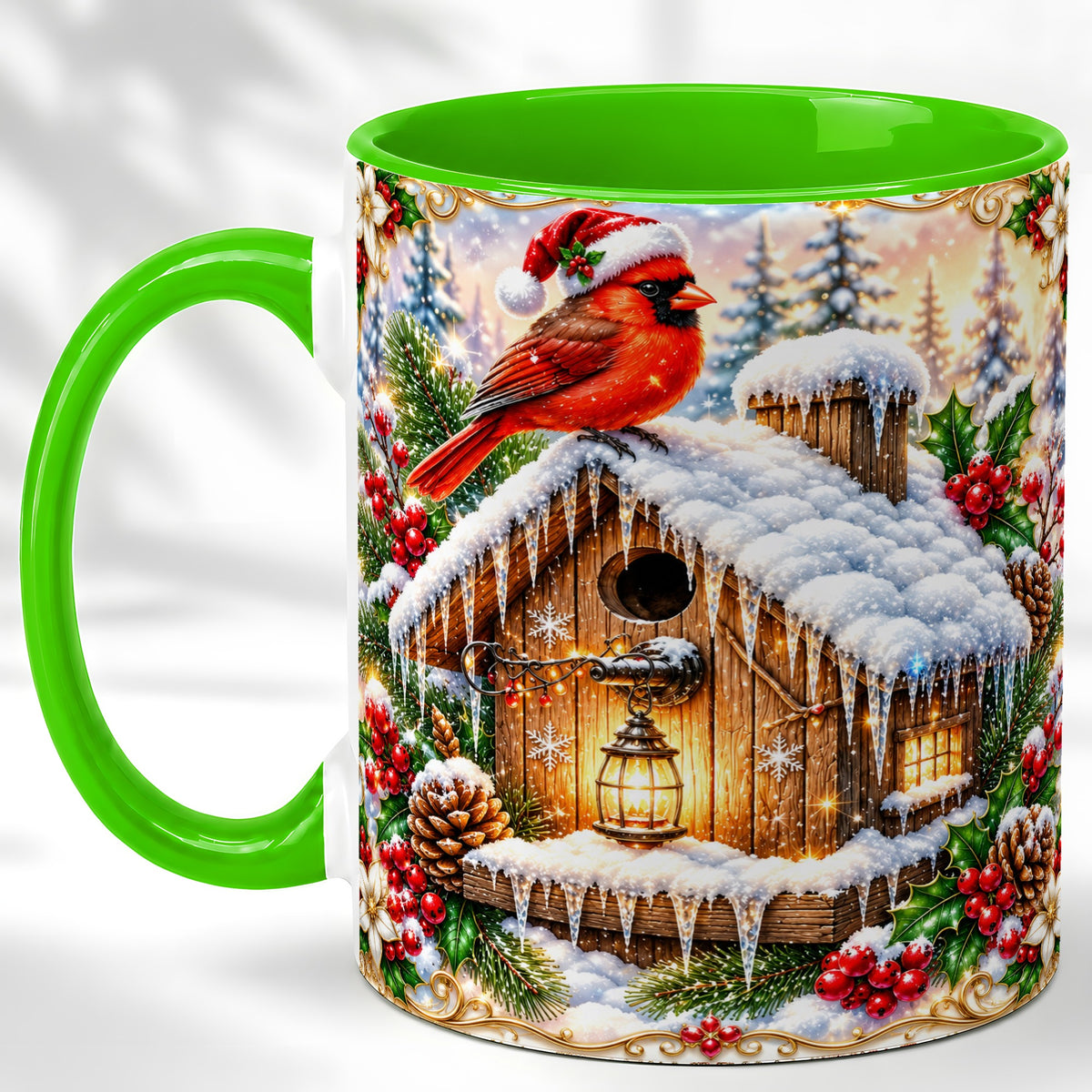 #pl[11oz|Green] Christmas Cardinal Coffee Mug, Snowy Birdhouse Mug, Ceramic Cup