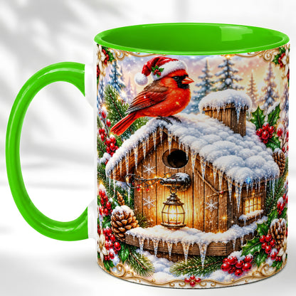 #pl[11oz|Green] Christmas Cardinal Coffee Mug, Snowy Birdhouse Mug, Ceramic Cup