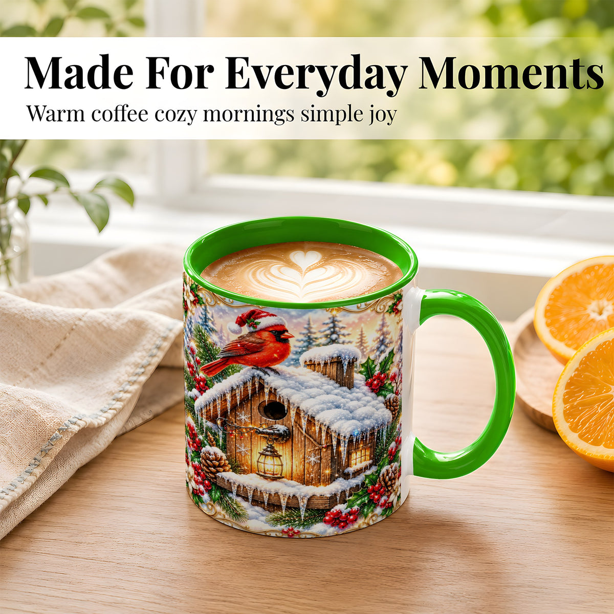 #pl[11oz|Green] Christmas Cardinal Coffee Mug, Snowy Birdhouse Mug, Ceramic Cup