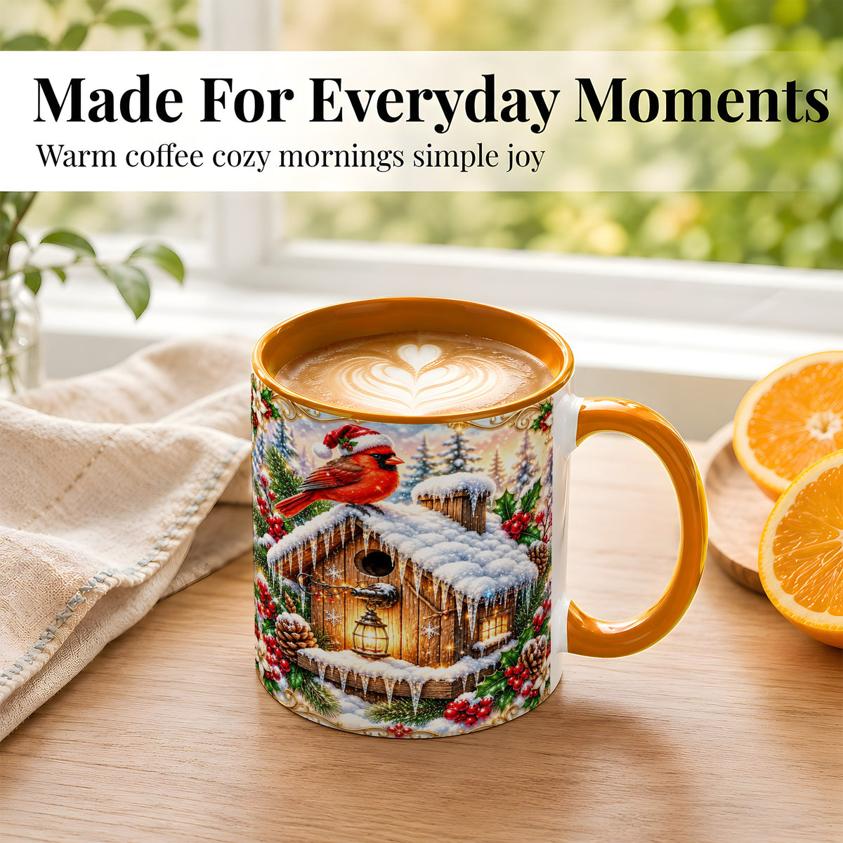 #pl[11oz|Orange] Christmas Cardinal Coffee Mug, Snowy Birdhouse Mug, Ceramic Cup