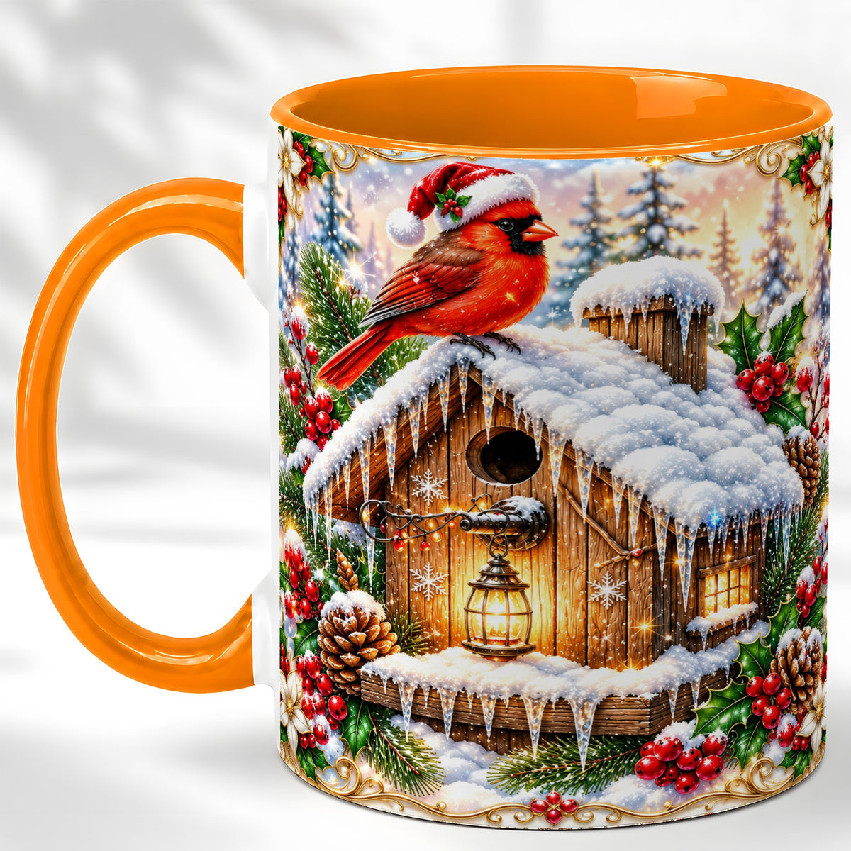 #pl[11oz|Orange] Christmas Cardinal Coffee Mug, Snowy Birdhouse Mug, Ceramic Cup