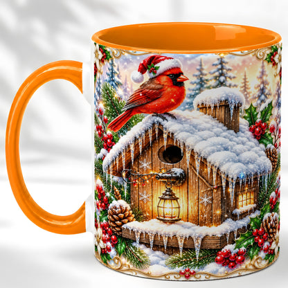 #pl[11oz|Orange] Christmas Cardinal Coffee Mug, Snowy Birdhouse Mug, Ceramic Cup