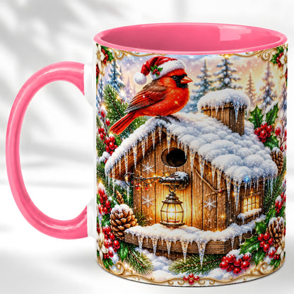 #pl[11oz|Pink] Christmas Cardinal Coffee Mug, Snowy Birdhouse Mug, Ceramic Cup
