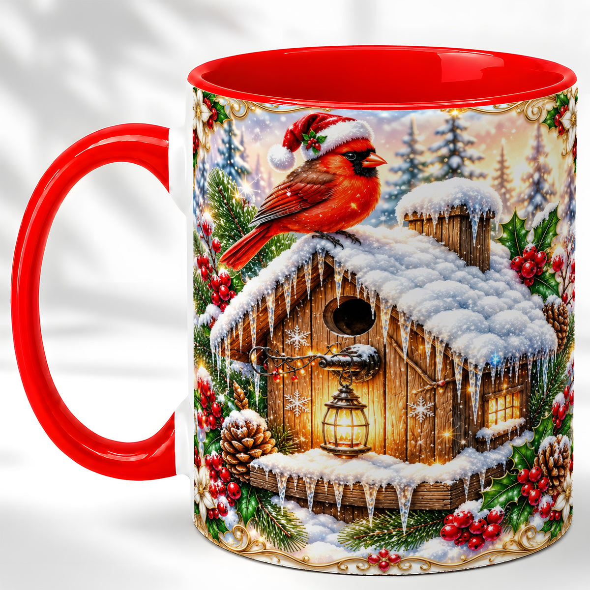 Christmas Cardinal Coffee Mug, Snowy Birdhouse Mug, Ceramic Cup