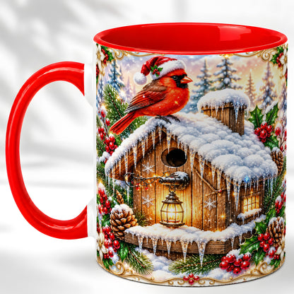 Christmas Cardinal Coffee Mug, Snowy Birdhouse Mug, Ceramic Cup