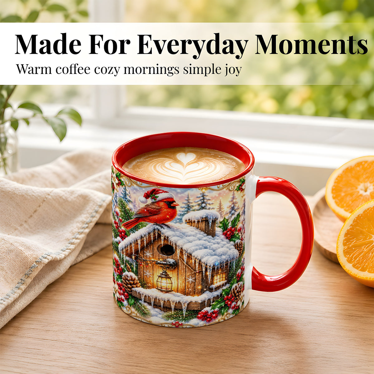 #pl[11oz|Red] Christmas Cardinal Coffee Mug, Snowy Birdhouse Mug, Ceramic Cup