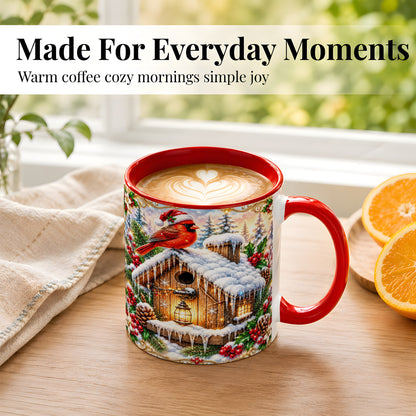 #pl[11oz|Red] Christmas Cardinal Coffee Mug, Snowy Birdhouse Mug, Ceramic Cup