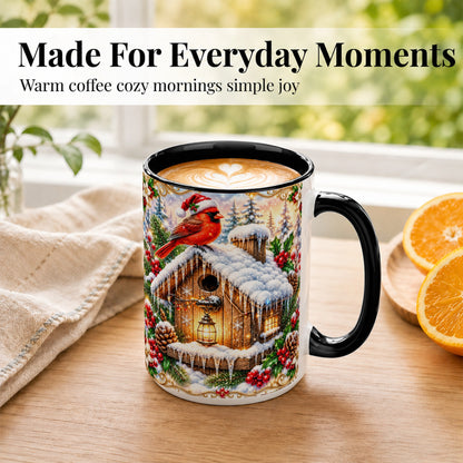 #pl[15oz|Black] Christmas Cardinal Coffee Mug, Snowy Birdhouse Mug, Ceramic Cup