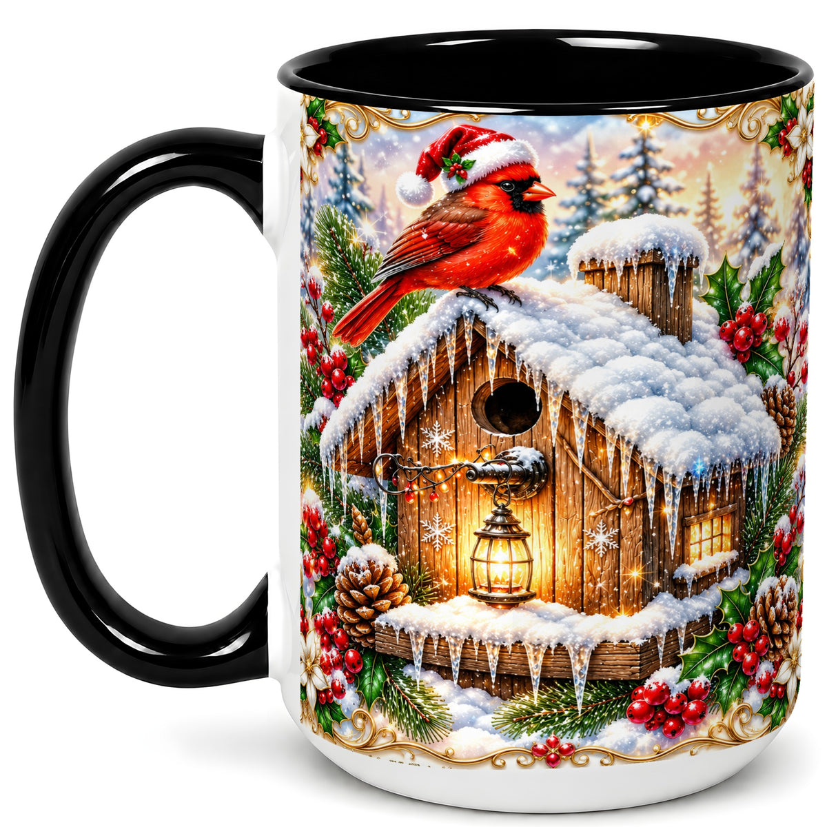 #pl[15oz|Black] Christmas Cardinal Coffee Mug, Snowy Birdhouse Mug, Ceramic Cup