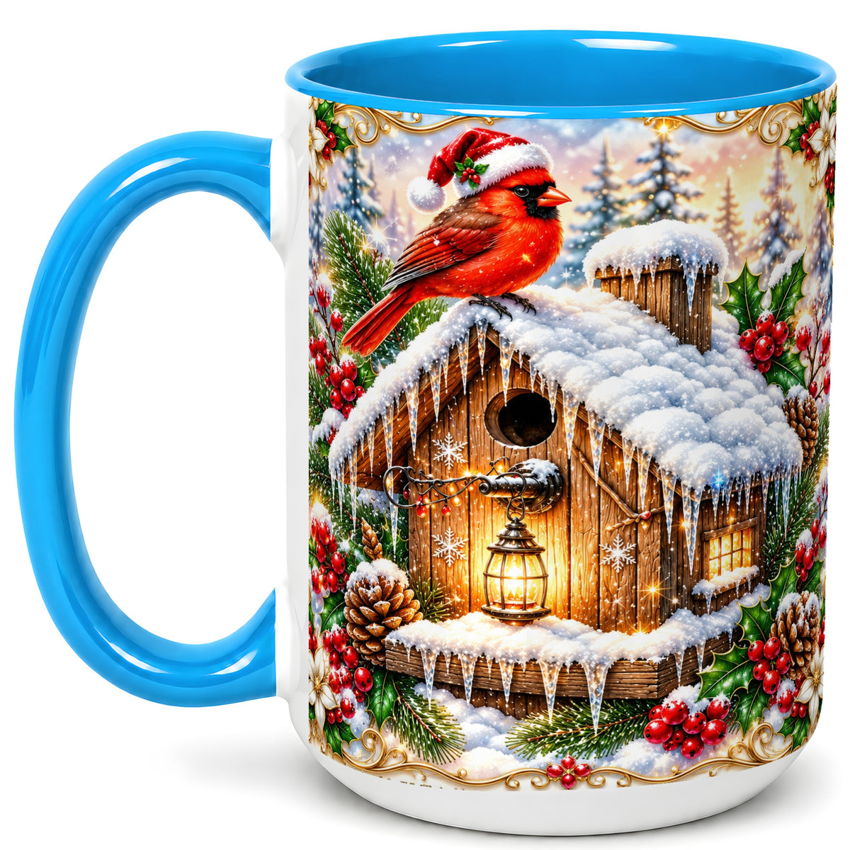 #pl[15oz|Blue] Christmas Cardinal Coffee Mug, Snowy Birdhouse Mug, Ceramic Cup