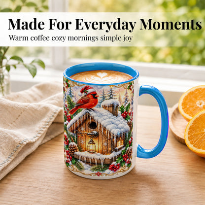 #pl[15oz|Blue] Christmas Cardinal Coffee Mug, Snowy Birdhouse Mug, Ceramic Cup
