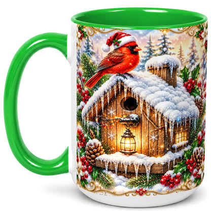 #pl[15oz|Green] Christmas Cardinal Coffee Mug, Snowy Birdhouse Mug, Ceramic Cup