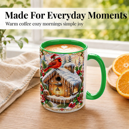 #pl[15oz|Green] Christmas Cardinal Coffee Mug, Snowy Birdhouse Mug, Ceramic Cup