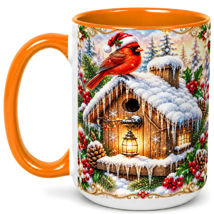 #pl[15oz|Orange] Christmas Cardinal Coffee Mug, Snowy Birdhouse Mug, Ceramic Cup
