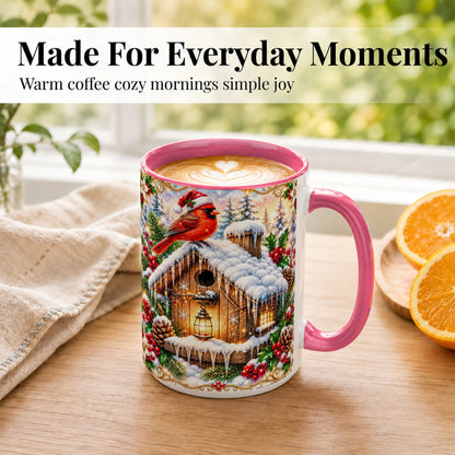 #pl[15oz|Pink] Christmas Cardinal Coffee Mug, Snowy Birdhouse Mug, Ceramic Cup