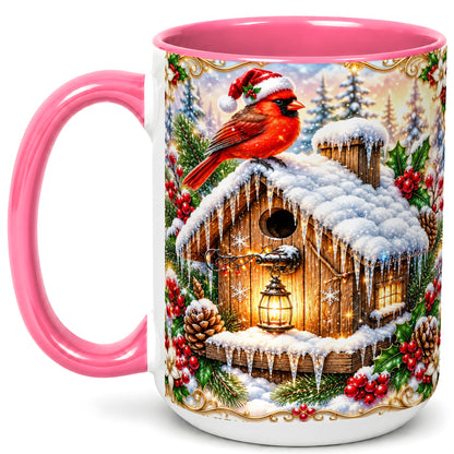 #pl[15oz|Pink] Christmas Cardinal Coffee Mug, Snowy Birdhouse Mug, Ceramic Cup