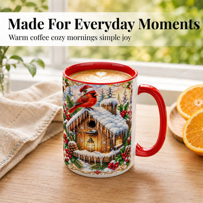 #pl[15oz|Red] Christmas Cardinal Coffee Mug, Snowy Birdhouse Mug, Ceramic Cup