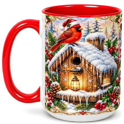 #pl[15oz|Red] Christmas Cardinal Coffee Mug, Snowy Birdhouse Mug, Ceramic Cup