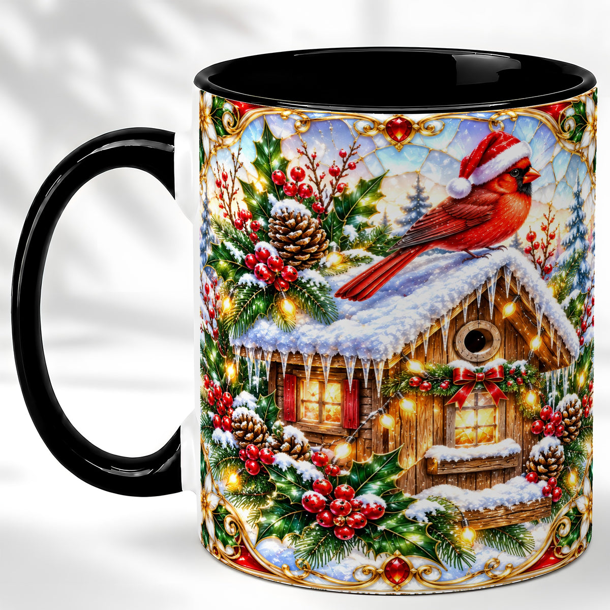 #pl[11oz|Black] Christmas Cardinal Coffee Mug, Snowy Cottage Mug, Ceramic Cup