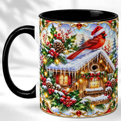 #pl[11oz|Black] Christmas Cardinal Coffee Mug, Snowy Cottage Mug, Ceramic Cup