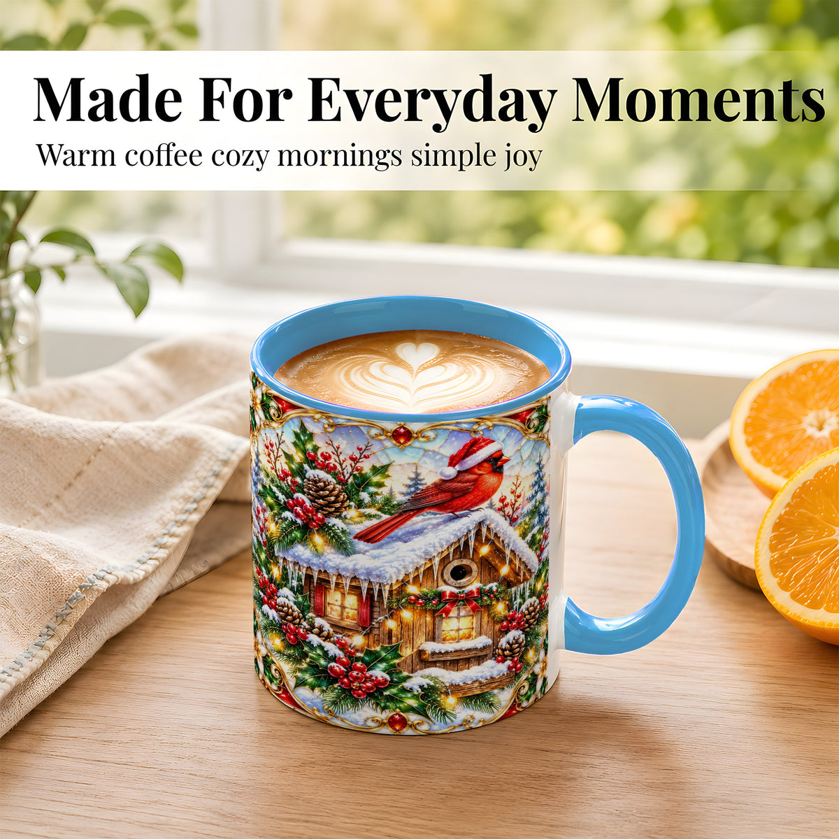 #pl[11oz|Blue] Christmas Cardinal Coffee Mug, Snowy Cottage Mug, Ceramic Cup