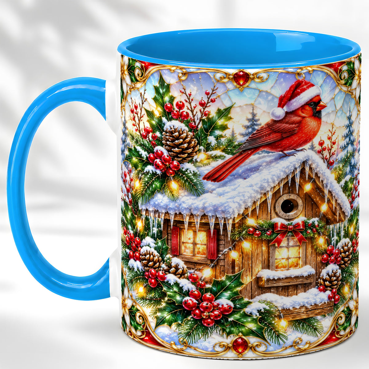 #pl[11oz|Blue] Christmas Cardinal Coffee Mug, Snowy Cottage Mug, Ceramic Cup