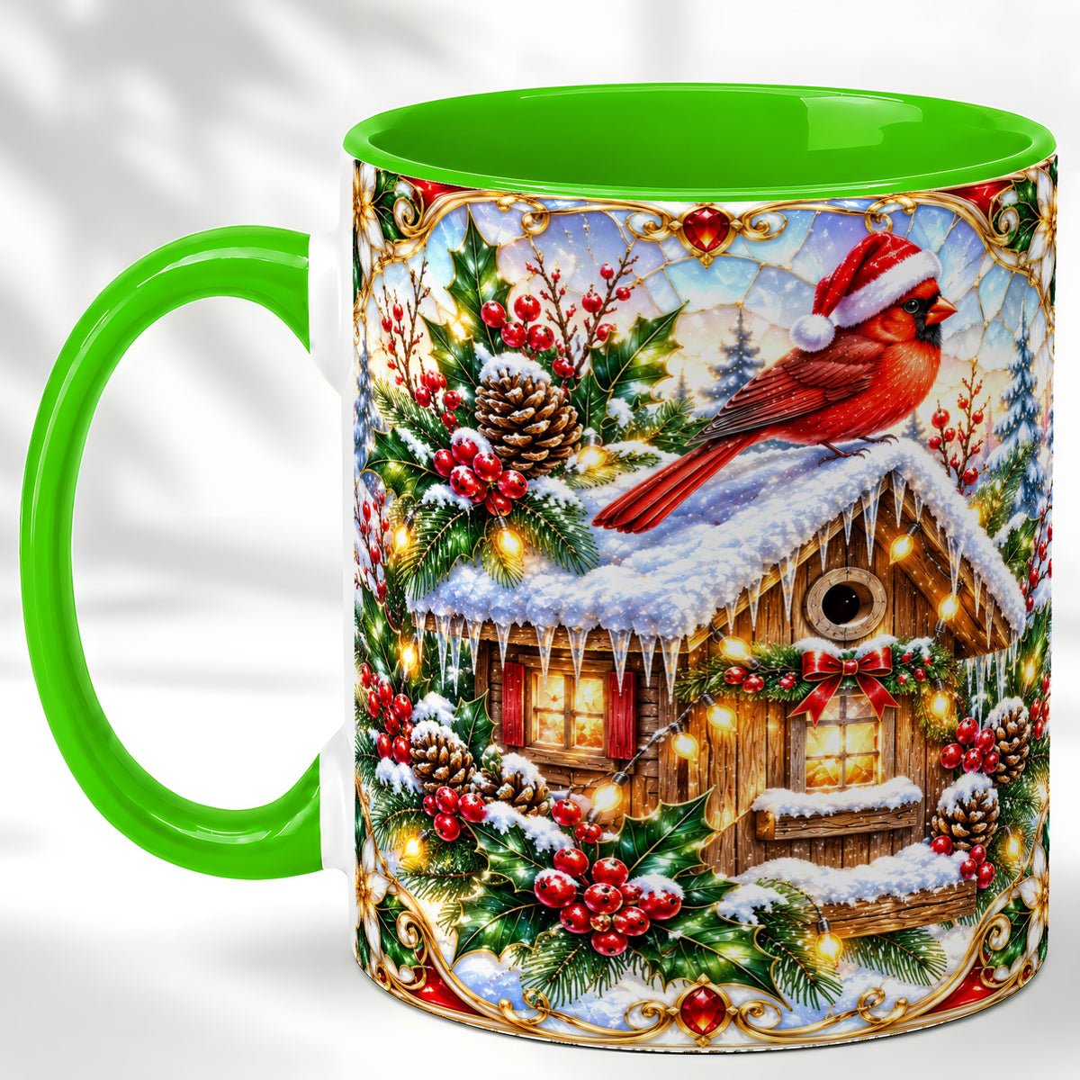 #pl[11oz|Green] Christmas Cardinal Coffee Mug, Snowy Cottage Mug, Ceramic Cup