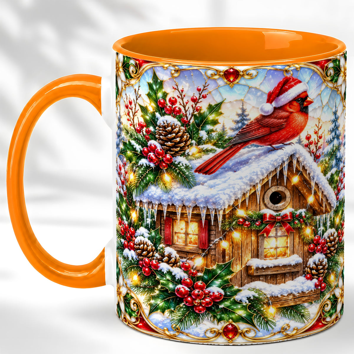 #pl[11oz|Orange] Christmas Cardinal Coffee Mug, Snowy Cottage Mug, Ceramic Cup