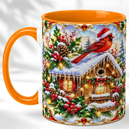 #pl[11oz|Orange] Christmas Cardinal Coffee Mug, Snowy Cottage Mug, Ceramic Cup