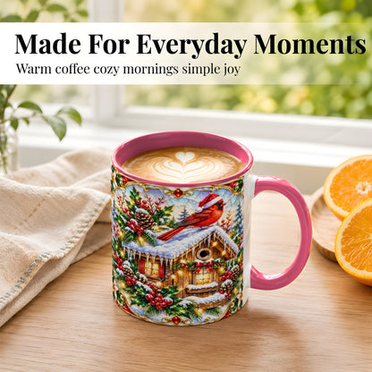 #pl[11oz|Pink] Christmas Cardinal Coffee Mug, Snowy Cottage Mug, Ceramic Cup