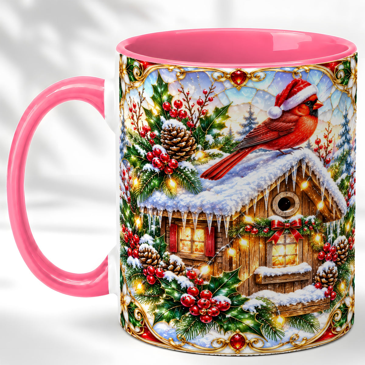 #pl[11oz|Pink] Christmas Cardinal Coffee Mug, Snowy Cottage Mug, Ceramic Cup