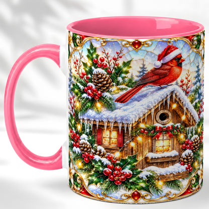#pl[11oz|Pink] Christmas Cardinal Coffee Mug, Snowy Cottage Mug, Ceramic Cup
