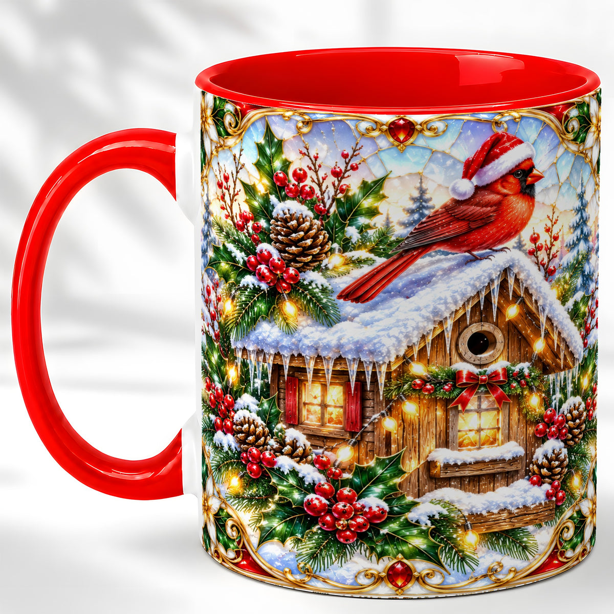 Christmas Cardinal Coffee Mug, Snowy Cottage Mug, Ceramic Cup