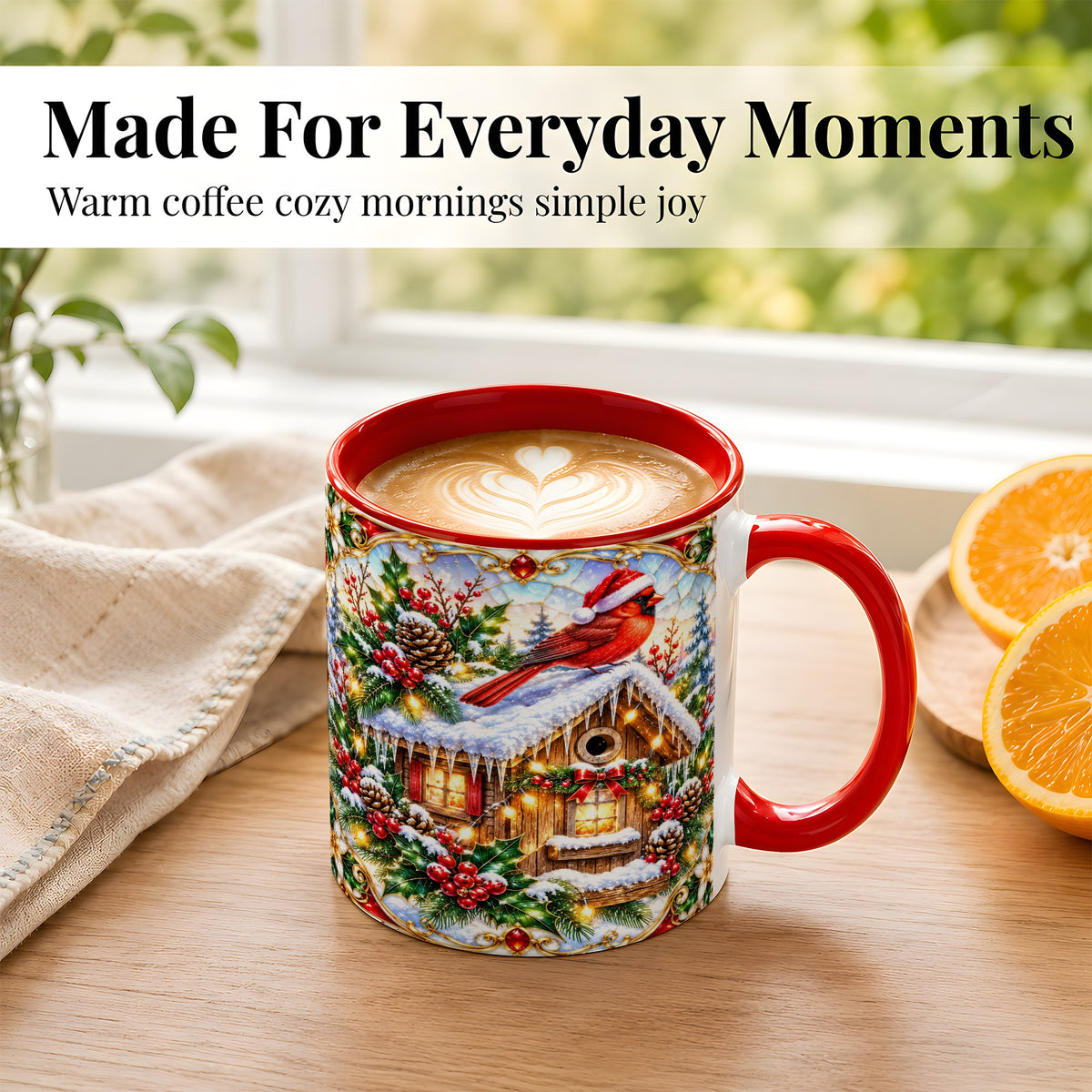 #pl[11oz|Red] Christmas Cardinal Coffee Mug, Snowy Cottage Mug, Ceramic Cup