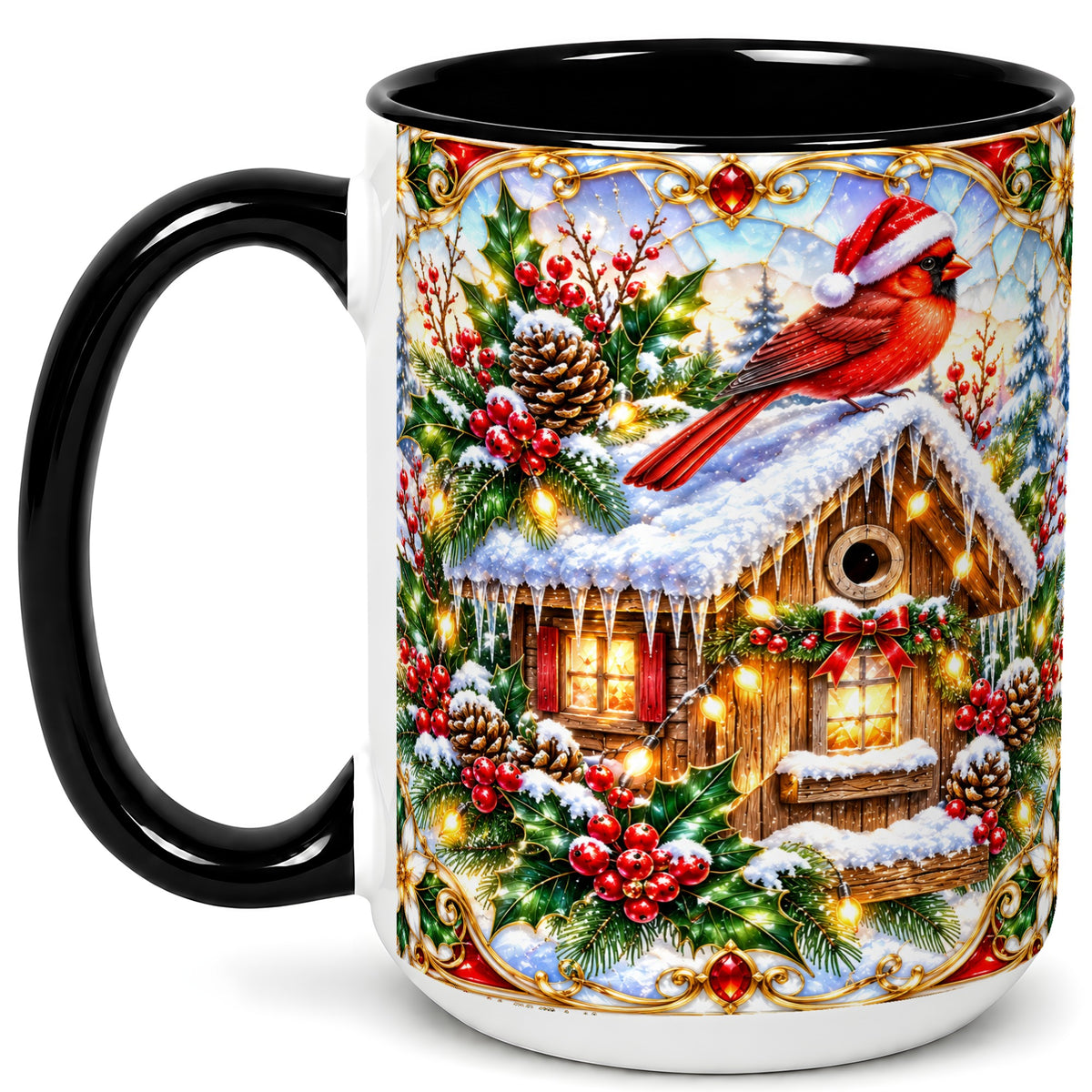 #pl[15oz|Black] Christmas Cardinal Coffee Mug, Snowy Cottage Mug, Ceramic Cup