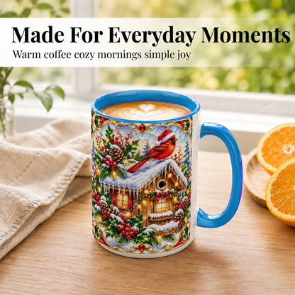 #pl[15oz|Blue] Christmas Cardinal Coffee Mug, Snowy Cottage Mug, Ceramic Cup