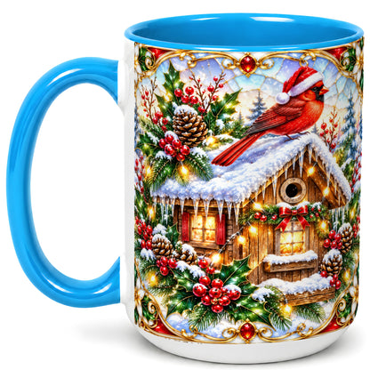 #pl[15oz|Blue] Christmas Cardinal Coffee Mug, Snowy Cottage Mug, Ceramic Cup