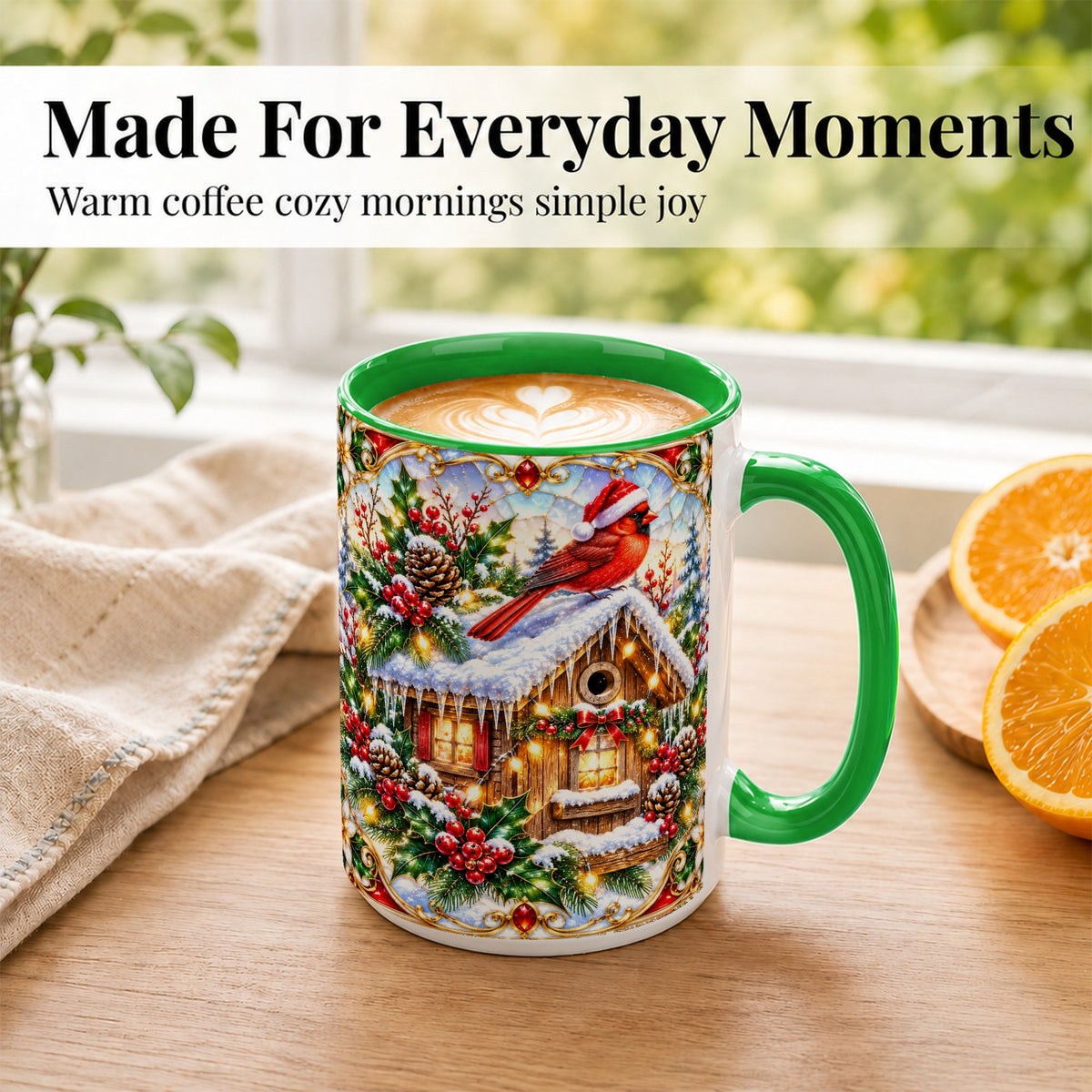 #pl[15oz|Green] Christmas Cardinal Coffee Mug, Snowy Cottage Mug, Ceramic Cup