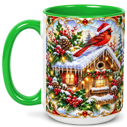 #pl[15oz|Green] Christmas Cardinal Coffee Mug, Snowy Cottage Mug, Ceramic Cup