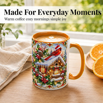 #pl[15oz|Orange] Christmas Cardinal Coffee Mug, Snowy Cottage Mug, Ceramic Cup