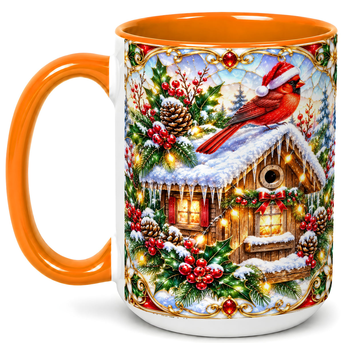 #pl[15oz|Orange] Christmas Cardinal Coffee Mug, Snowy Cottage Mug, Ceramic Cup