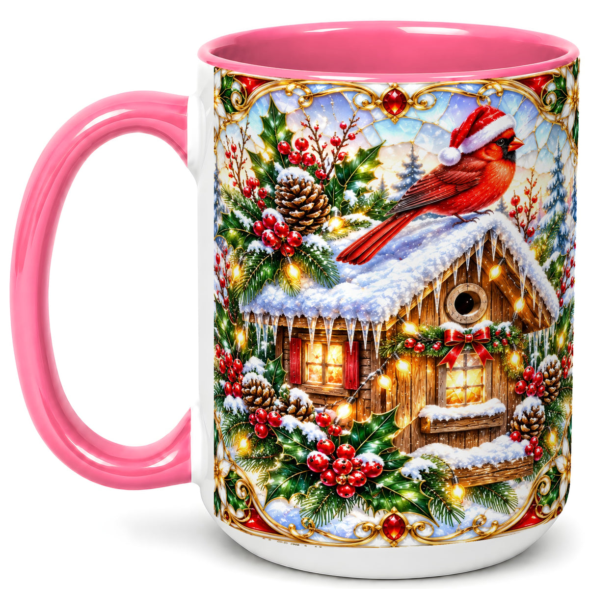 #pl[15oz|Pink] Christmas Cardinal Coffee Mug, Snowy Cottage Mug, Ceramic Cup
