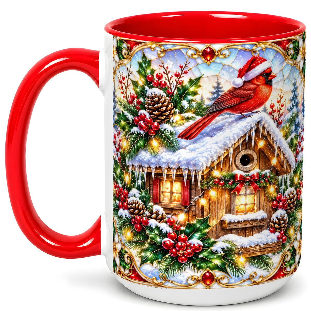 #pl[15oz|Red] Christmas Cardinal Coffee Mug, Snowy Cottage Mug, Ceramic Cup