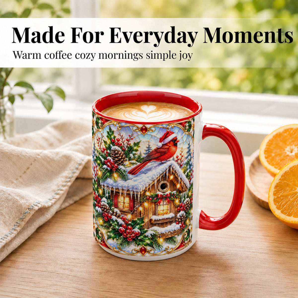 #pl[15oz|Red] Christmas Cardinal Coffee Mug, Snowy Cottage Mug, Ceramic Cup